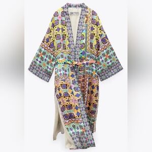 Zara Satin Effect Multicolored Colorful Floral Kimono Robe With Belt